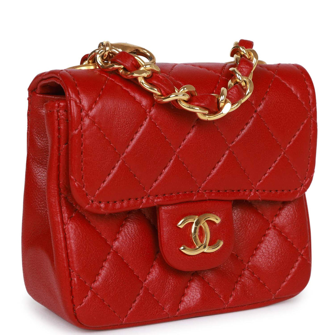 Vintage Top Quality Chanel Micro Waist Flap Bag Red Lambskin Gold Hardware