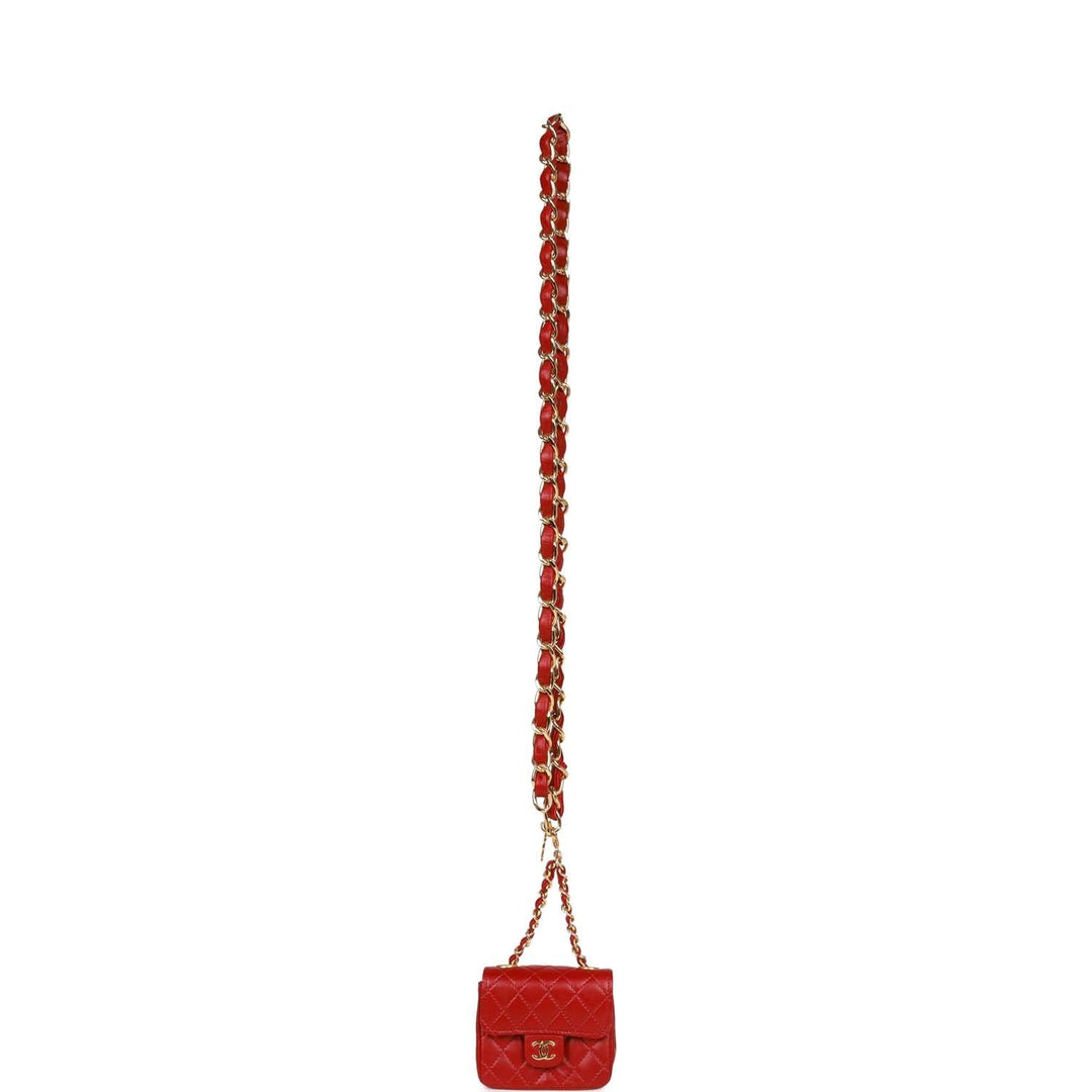 Vintage Top Quality Chanel Micro Waist Flap Bag Red Lambskin Gold Hardware
