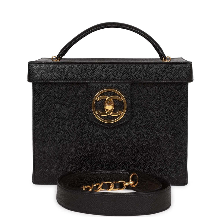 Vintage Top Quality Chanel Large Vanity Bag Black Caviar Gold Hardware