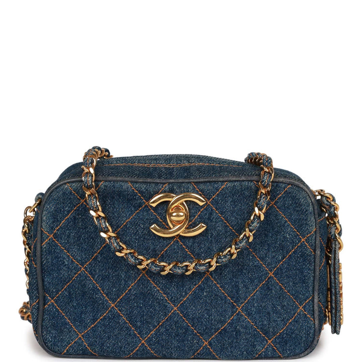 Vintage Top Quality Chanel Mini Camera Bag Blue Denim Gold Hardware