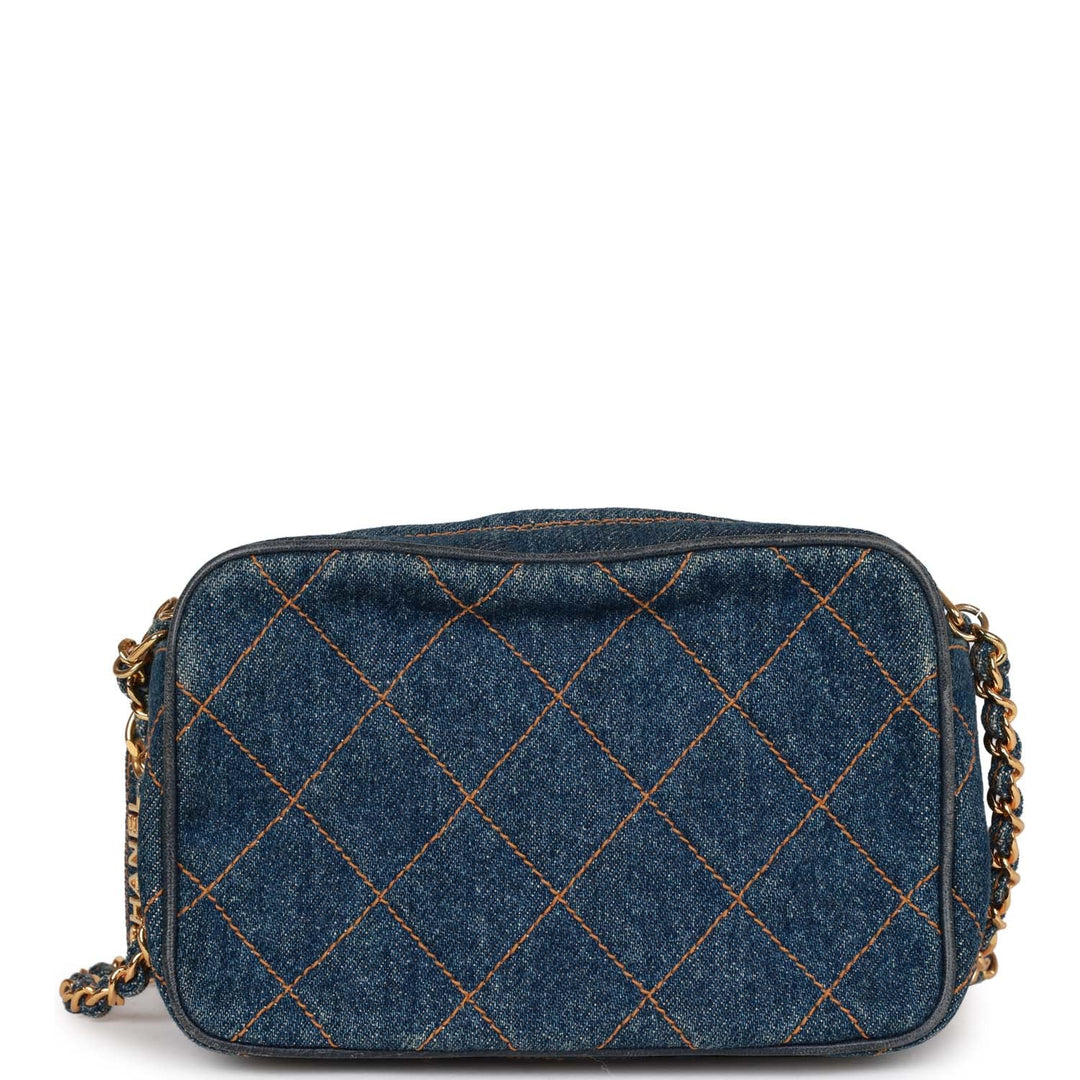 Vintage Top Quality Chanel Mini Camera Bag Blue Denim Gold Hardware