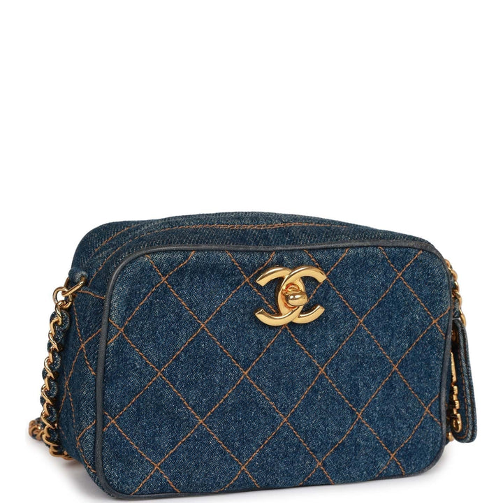 Vintage Top Quality Chanel Mini Camera Bag Blue Denim Gold Hardware