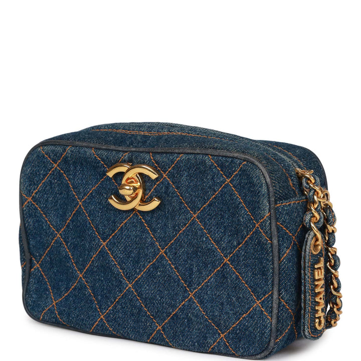 Vintage Top Quality Chanel Mini Camera Bag Blue Denim Gold Hardware