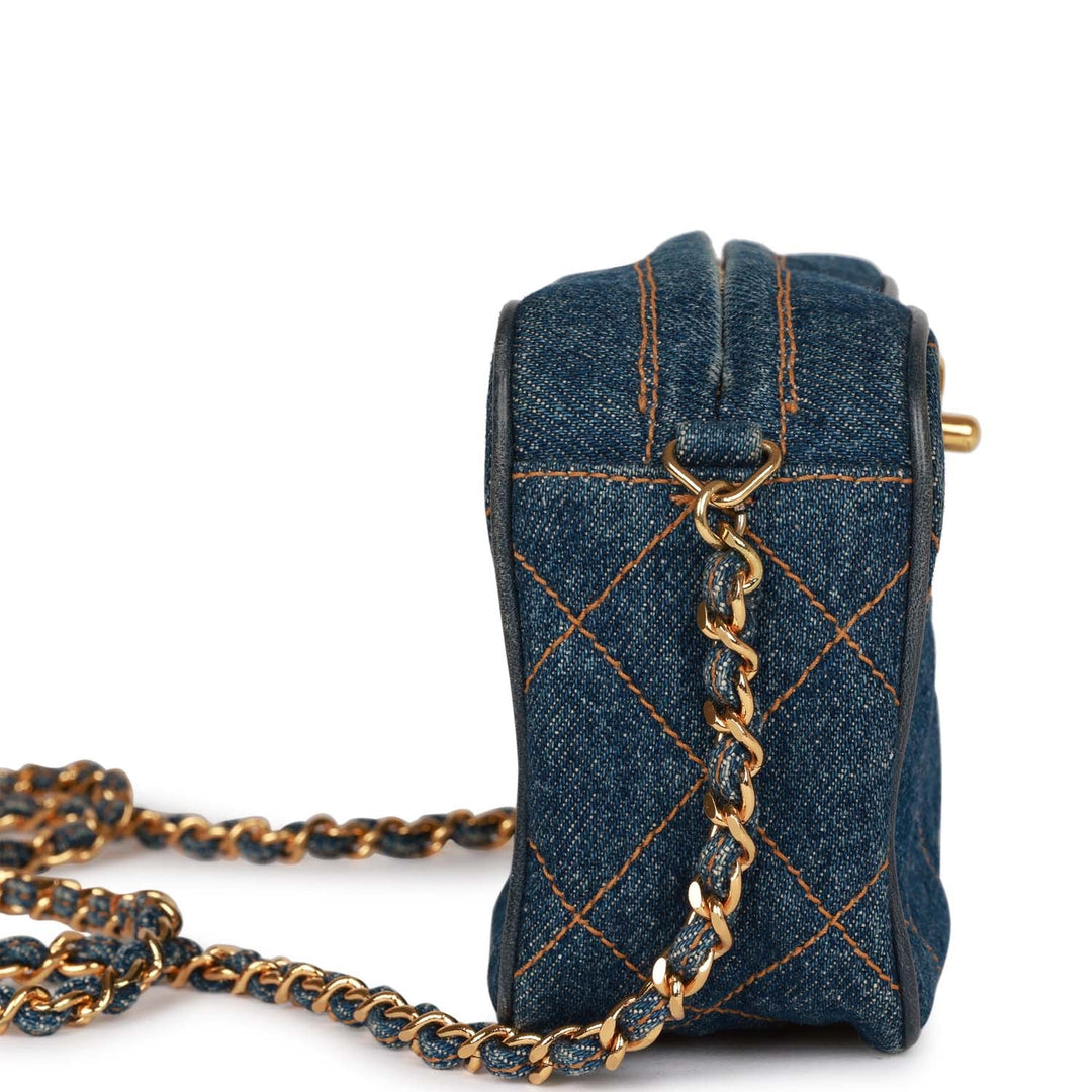 Vintage Top Quality Chanel Mini Camera Bag Blue Denim Gold Hardware