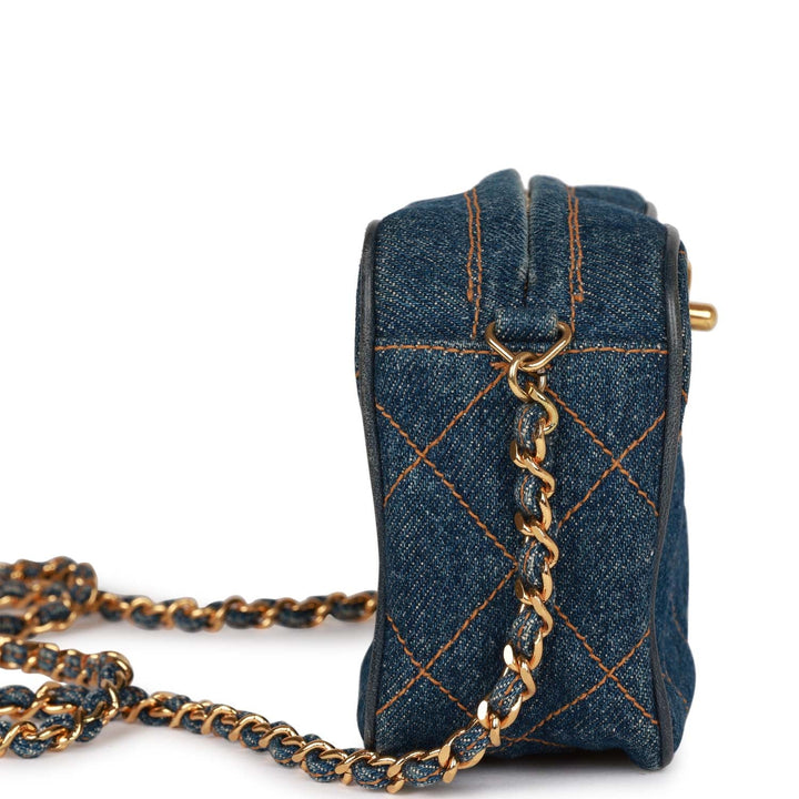 Vintage Top Quality Chanel Mini Camera Bag Blue Denim Gold Hardware