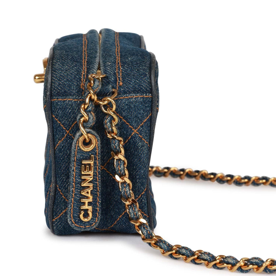 Vintage Top Quality Chanel Mini Camera Bag Blue Denim Gold Hardware