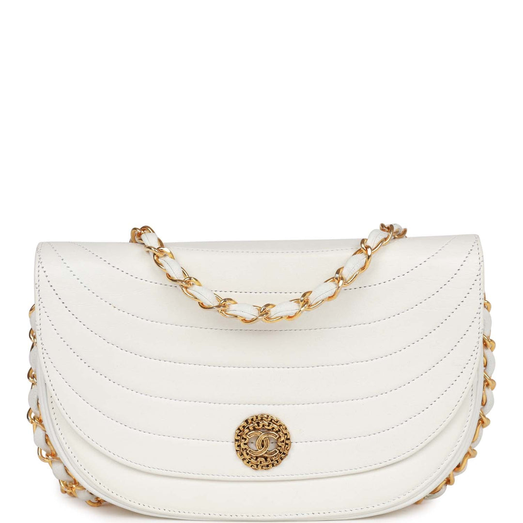 Vintage Top Quality Chanel Half Moon Shoulder Bag White Lambskin Gold Hardware