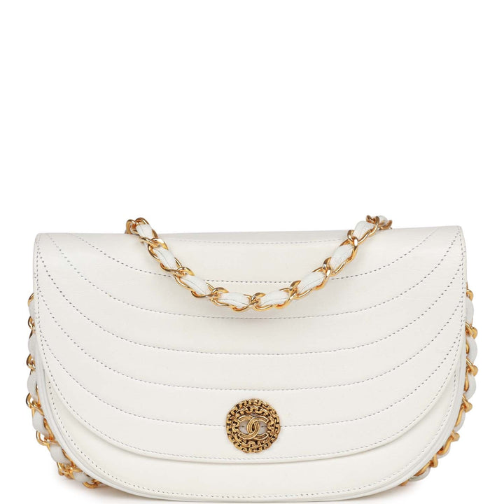 Vintage Top Quality Chanel Half Moon Shoulder Bag White Lambskin Gold Hardware