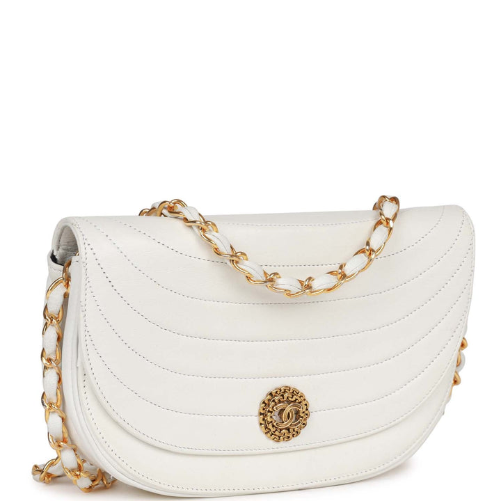 Vintage Top Quality Chanel Half Moon Shoulder Bag White Lambskin Gold Hardware