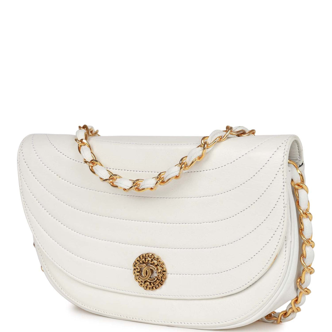 Vintage Top Quality Chanel Half Moon Shoulder Bag White Lambskin Gold Hardware