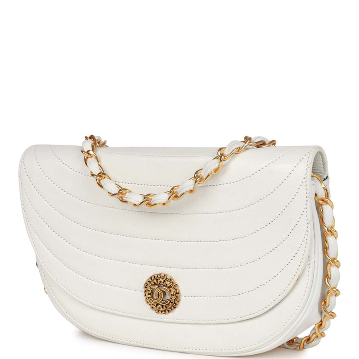 Vintage Top Quality Chanel Half Moon Shoulder Bag White Lambskin Gold Hardware
