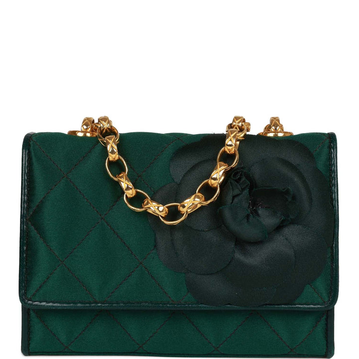 Vintage Top Quality Chanel Mini Camellia Flap Bag Green Satin Gold Hardware