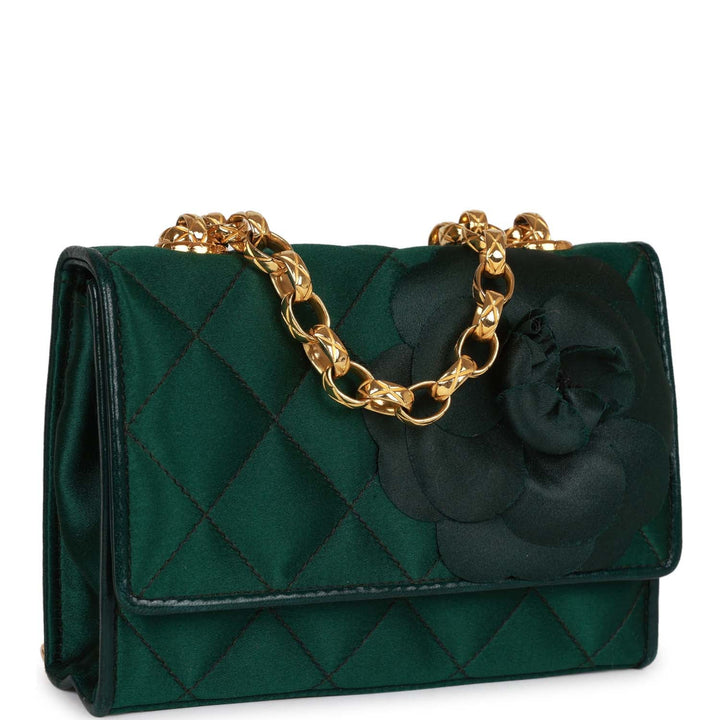 Vintage Top Quality Chanel Mini Camellia Flap Bag Green Satin Gold Hardware
