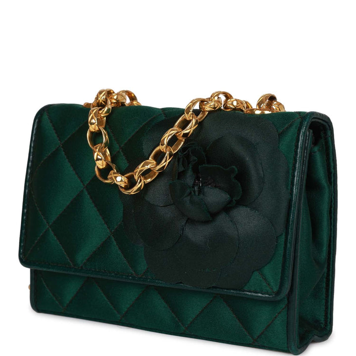 Vintage Top Quality Chanel Mini Camellia Flap Bag Green Satin Gold Hardware