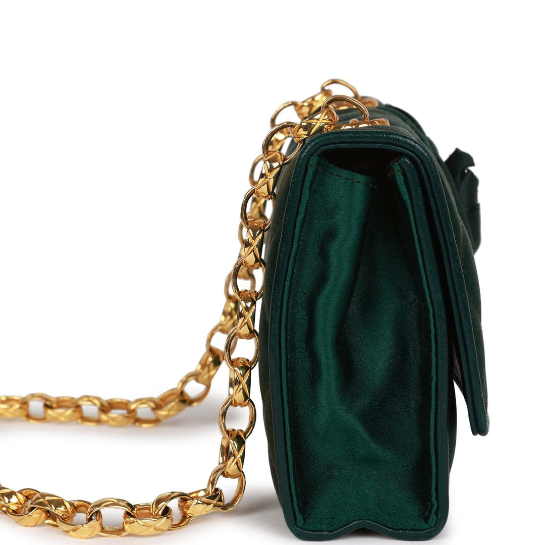 Vintage Top Quality Chanel Mini Camellia Flap Bag Green Satin Gold Hardware