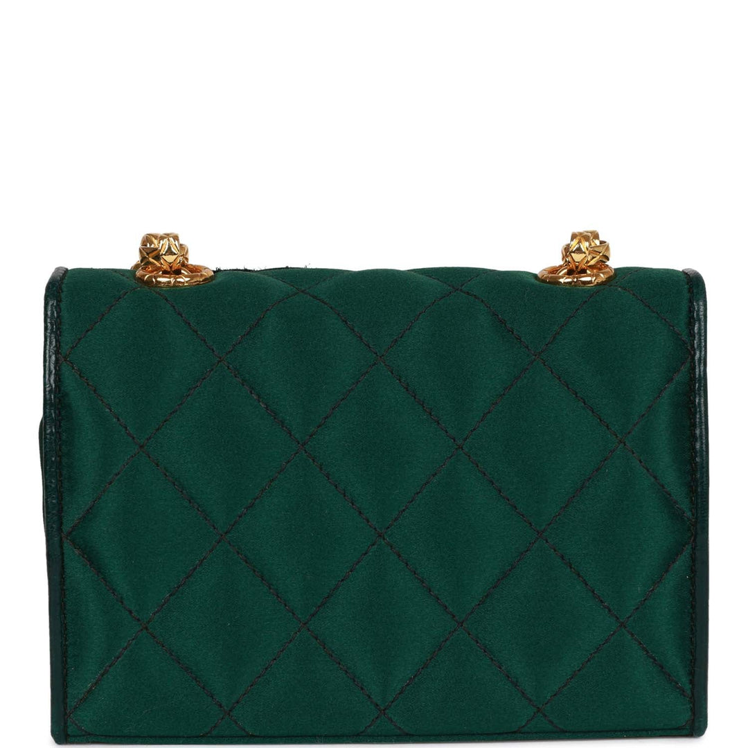 Vintage Top Quality Chanel Mini Camellia Flap Bag Green Satin Gold Hardware