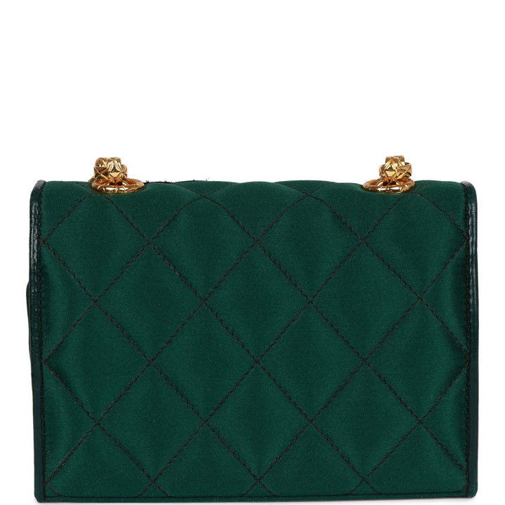 Vintage Top Quality Chanel Mini Camellia Flap Bag Green Satin Gold Hardware