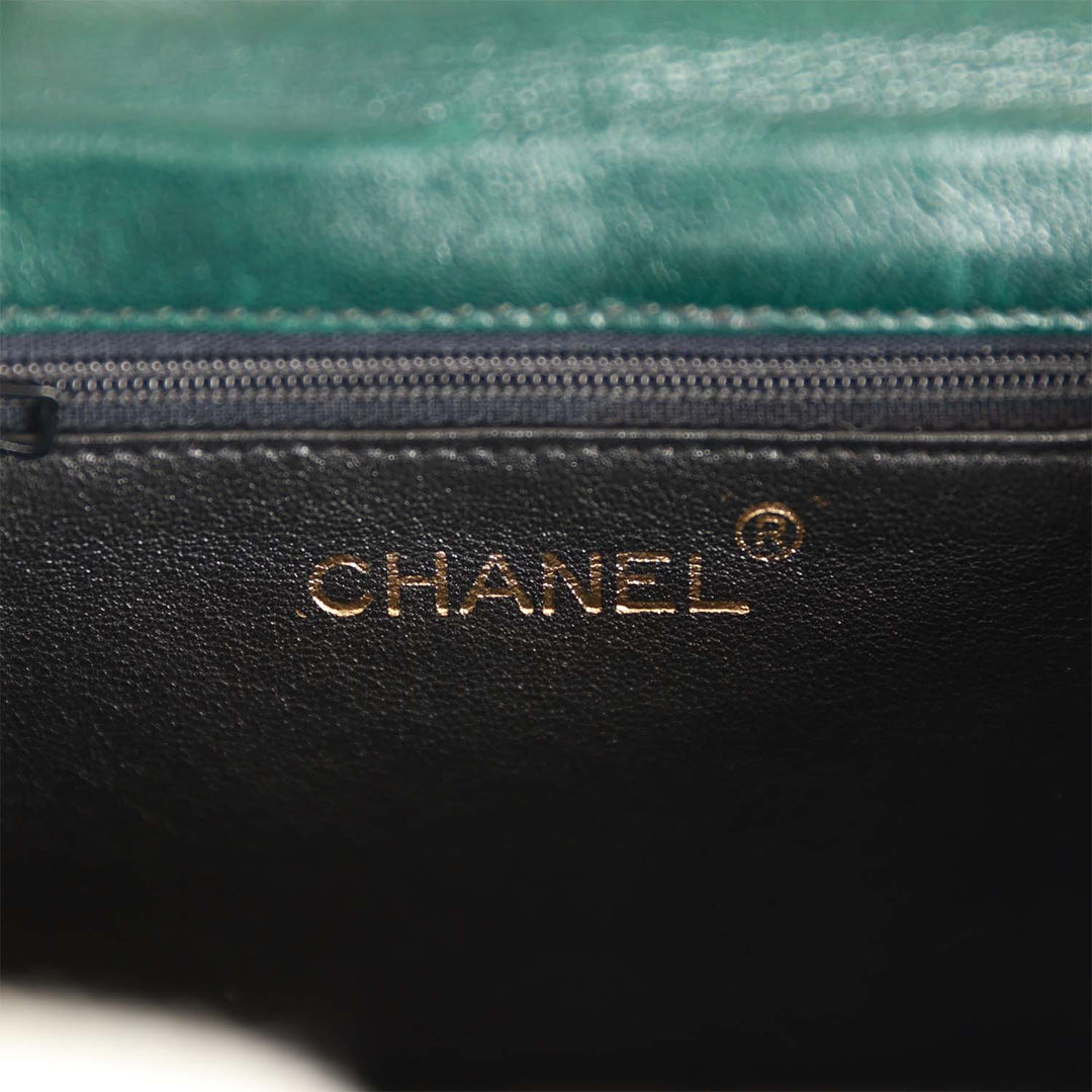 Vintage Top Quality Chanel Mini Camellia Flap Bag Green Satin Gold Hardware