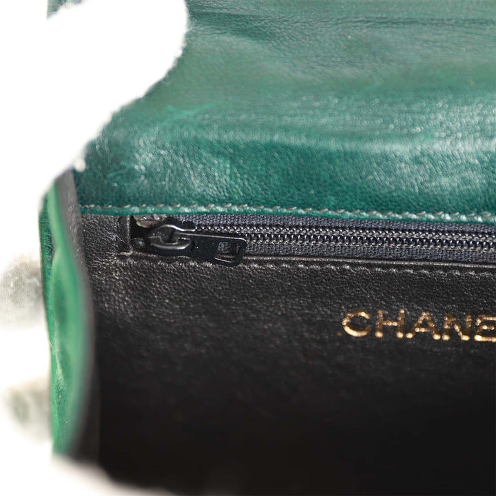 Vintage Top Quality Chanel Mini Camellia Flap Bag Green Satin Gold Hardware