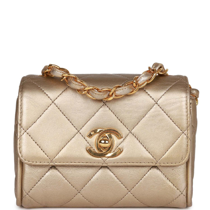 Vintage Top Quality Chanel Nano Flap Bag Gold Metallic Lambskin Gold Hardware