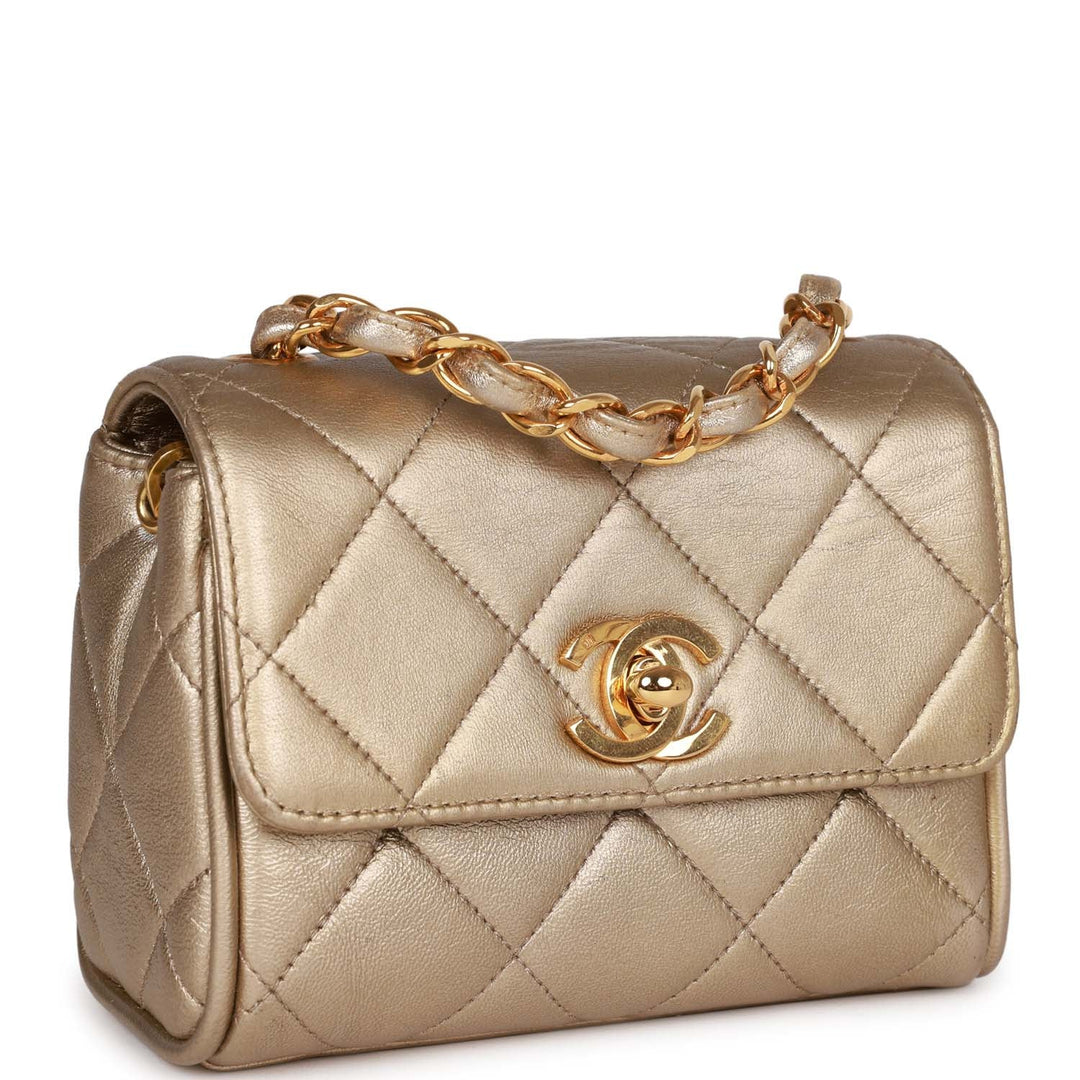 Vintage Top Quality Chanel Nano Flap Bag Gold Metallic Lambskin Gold Hardware