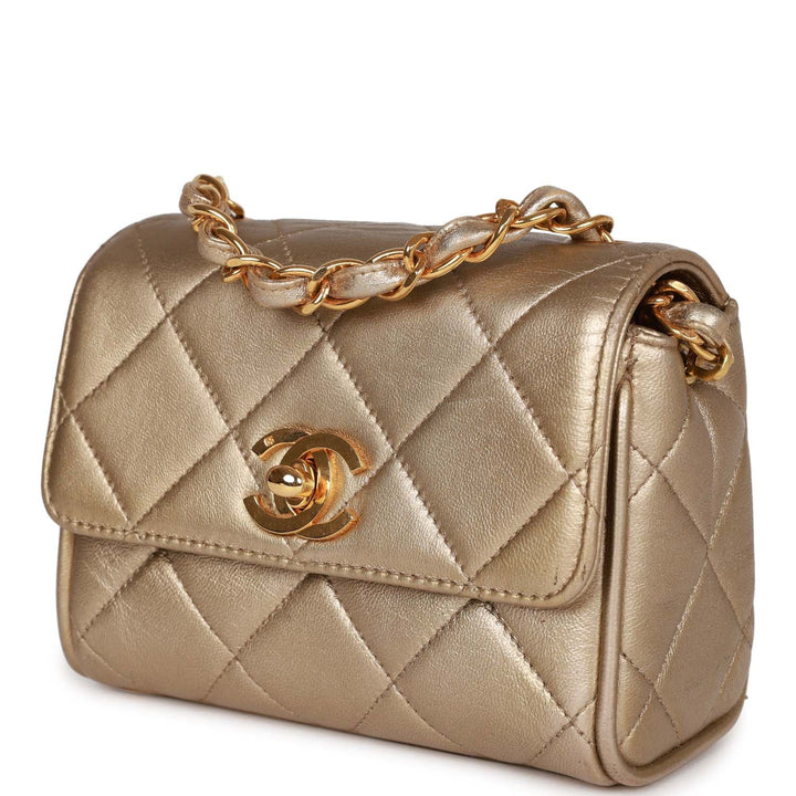 Vintage Top Quality Chanel Nano Flap Bag Gold Metallic Lambskin Gold Hardware