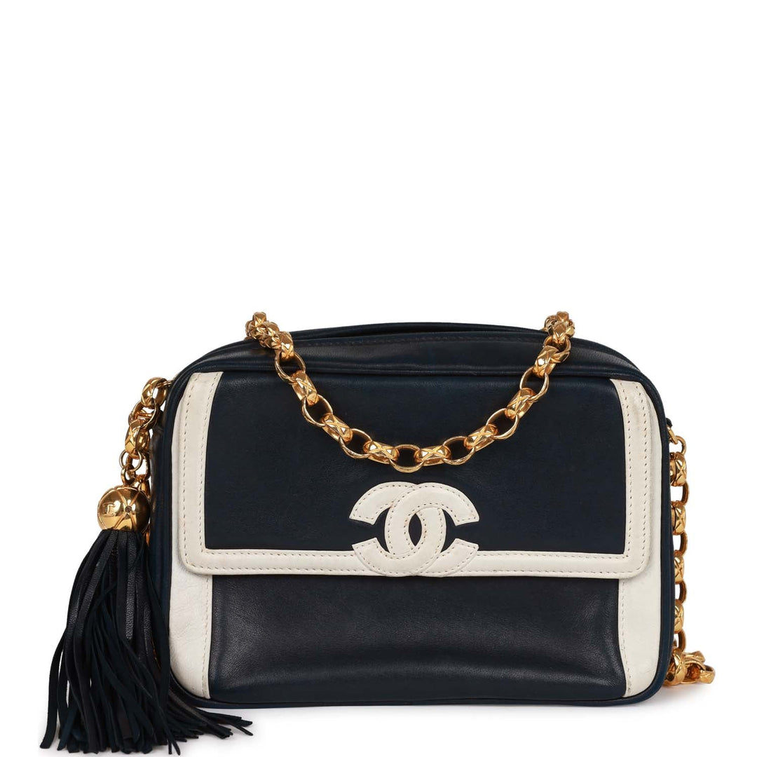 Vintage Top Quality Chanel Fringe Chain Camera Bag Navy and White Lambskin Gold Hardware