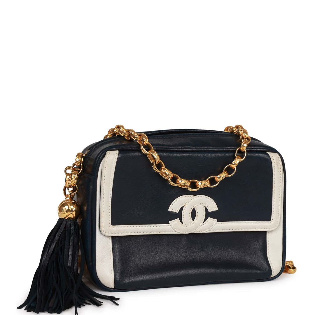 Vintage Top Quality Chanel Fringe Chain Camera Bag Navy and White Lambskin Gold Hardware