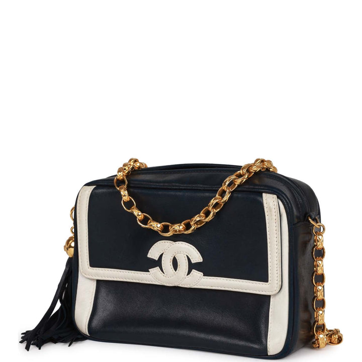 Vintage Top Quality Chanel Fringe Chain Camera Bag Navy and White Lambskin Gold Hardware