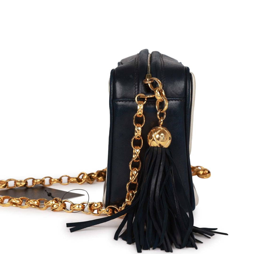 Vintage Top Quality Chanel Fringe Chain Camera Bag Navy and White Lambskin Gold Hardware