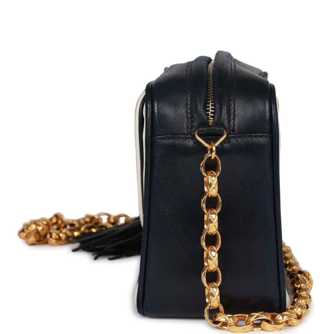 Vintage Top Quality Chanel Fringe Chain Camera Bag Navy and White Lambskin Gold Hardware