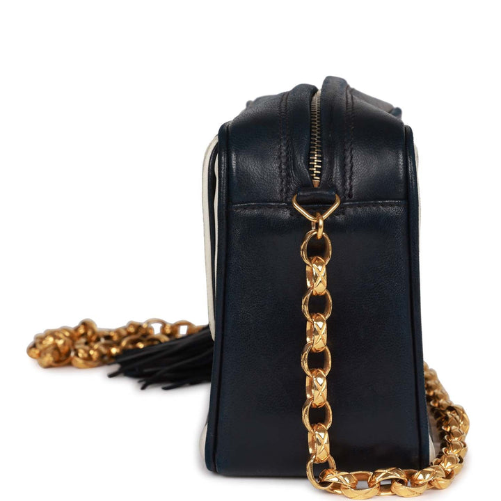 Vintage Top Quality Chanel Fringe Chain Camera Bag Navy and White Lambskin Gold Hardware