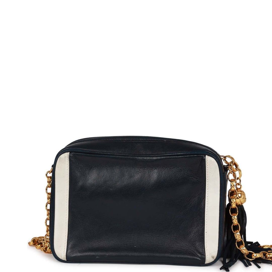 Vintage Top Quality Chanel Fringe Chain Camera Bag Navy and White Lambskin Gold Hardware