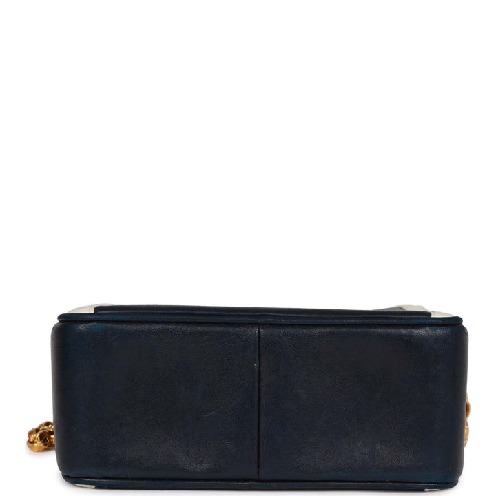 Vintage Top Quality Chanel Fringe Chain Camera Bag Navy and White Lambskin Gold Hardware