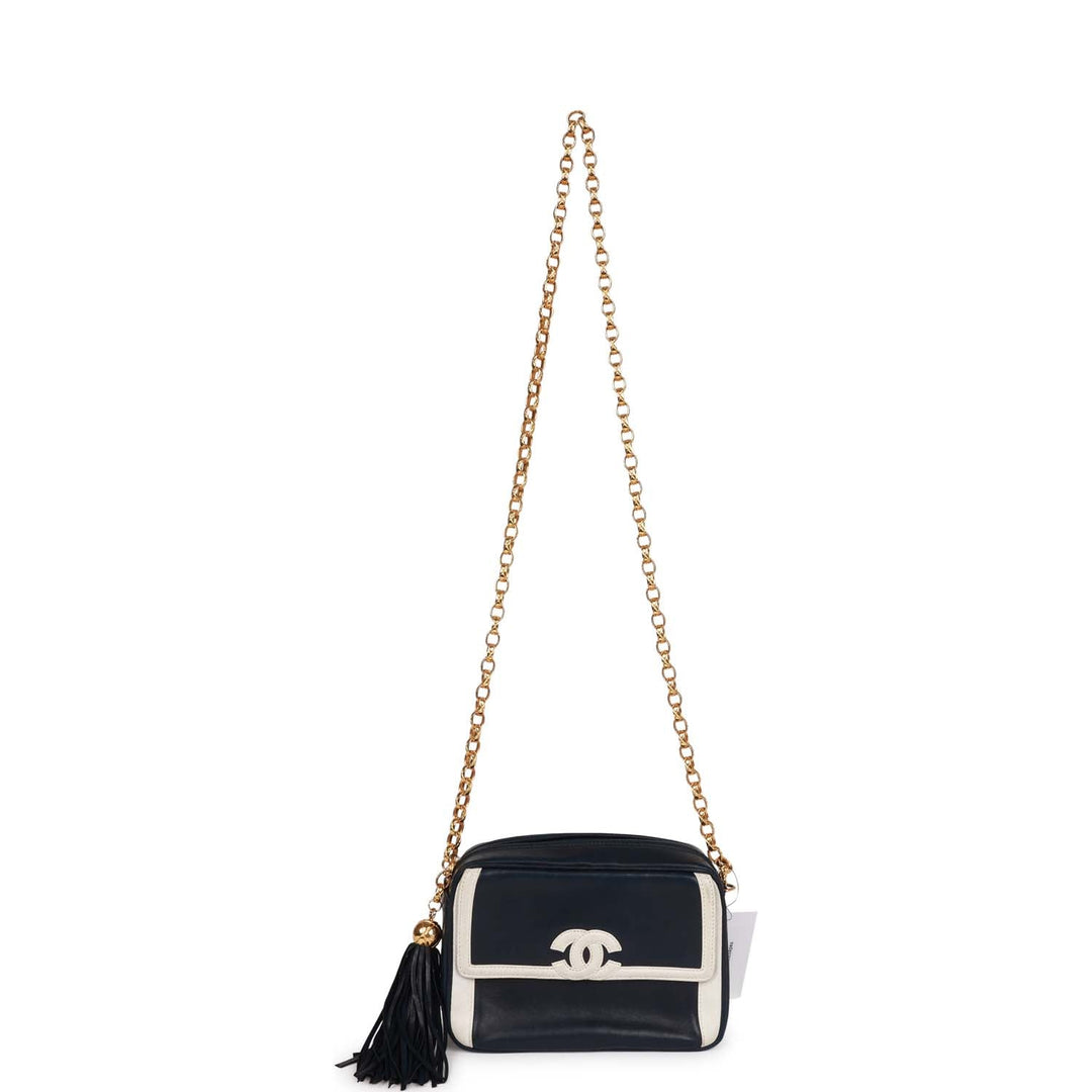 Vintage Top Quality Chanel Fringe Chain Camera Bag Navy and White Lambskin Gold Hardware