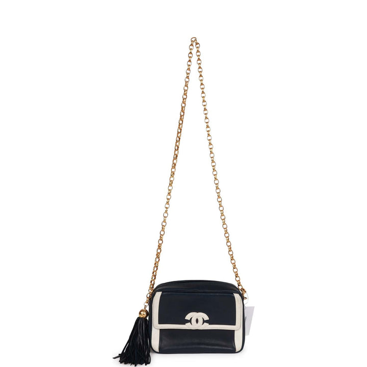 Vintage Top Quality Chanel Fringe Chain Camera Bag Navy and White Lambskin Gold Hardware