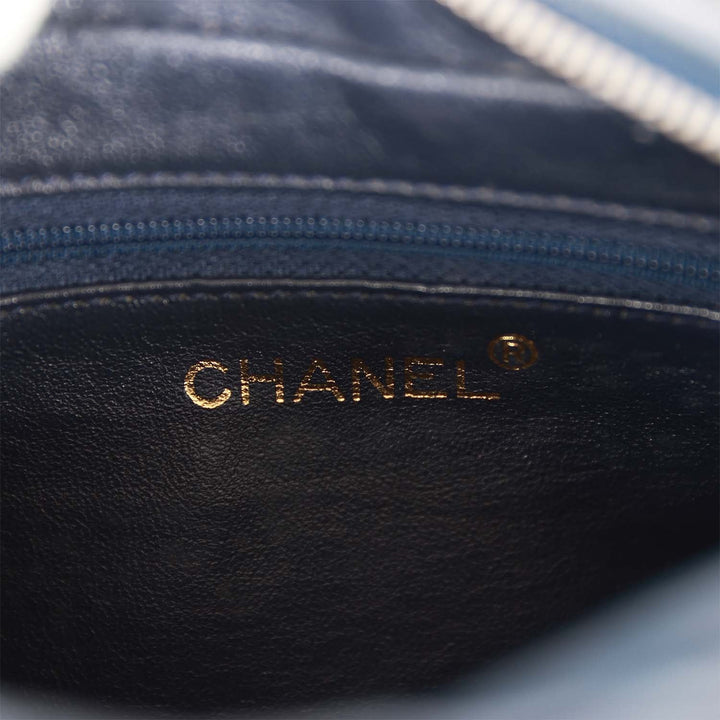 Vintage Top Quality Chanel Fringe Chain Camera Bag Navy and White Lambskin Gold Hardware