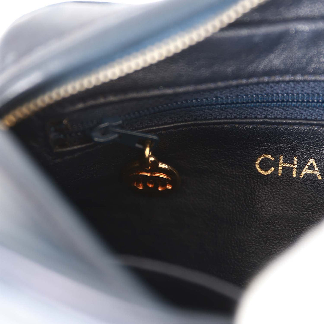Vintage Top Quality Chanel Fringe Chain Camera Bag Navy and White Lambskin Gold Hardware