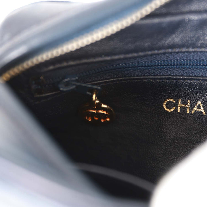Vintage Top Quality Chanel Fringe Chain Camera Bag Navy and White Lambskin Gold Hardware