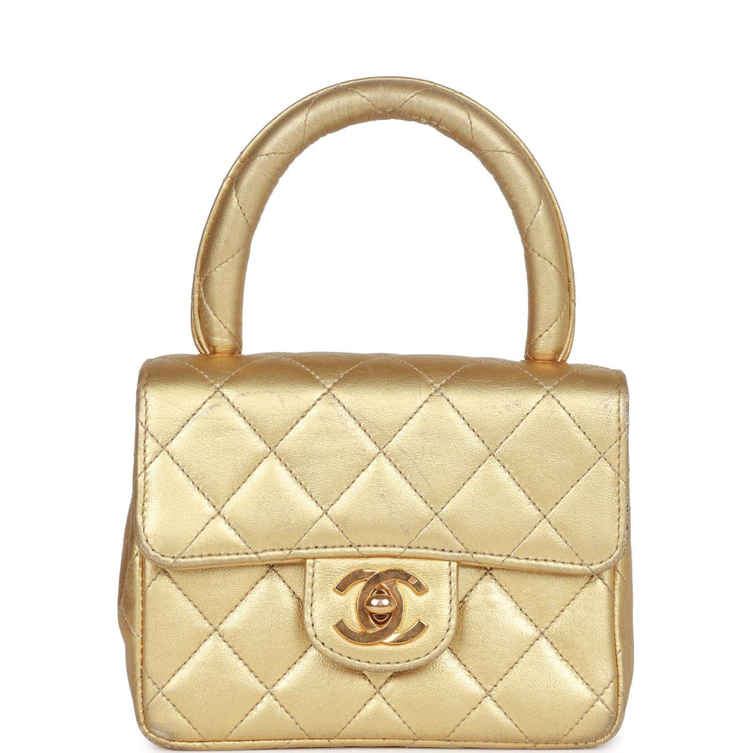 Vintage Top Quality Chanel Mini Kelly Child Flap Bag Gold Metallic Lambskin Gold Hardware