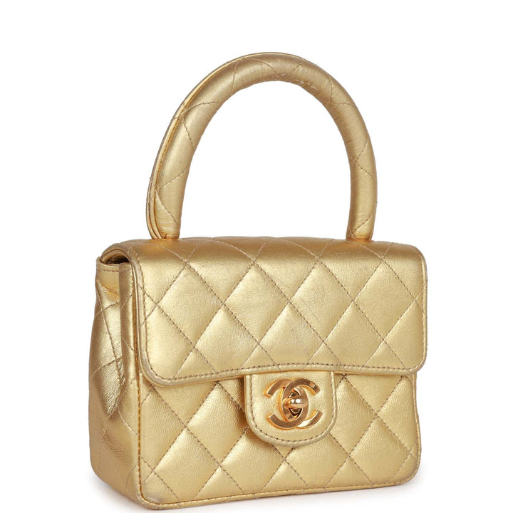 Vintage Top Quality Chanel Mini Kelly Child Flap Bag Gold Metallic Lambskin Gold Hardware