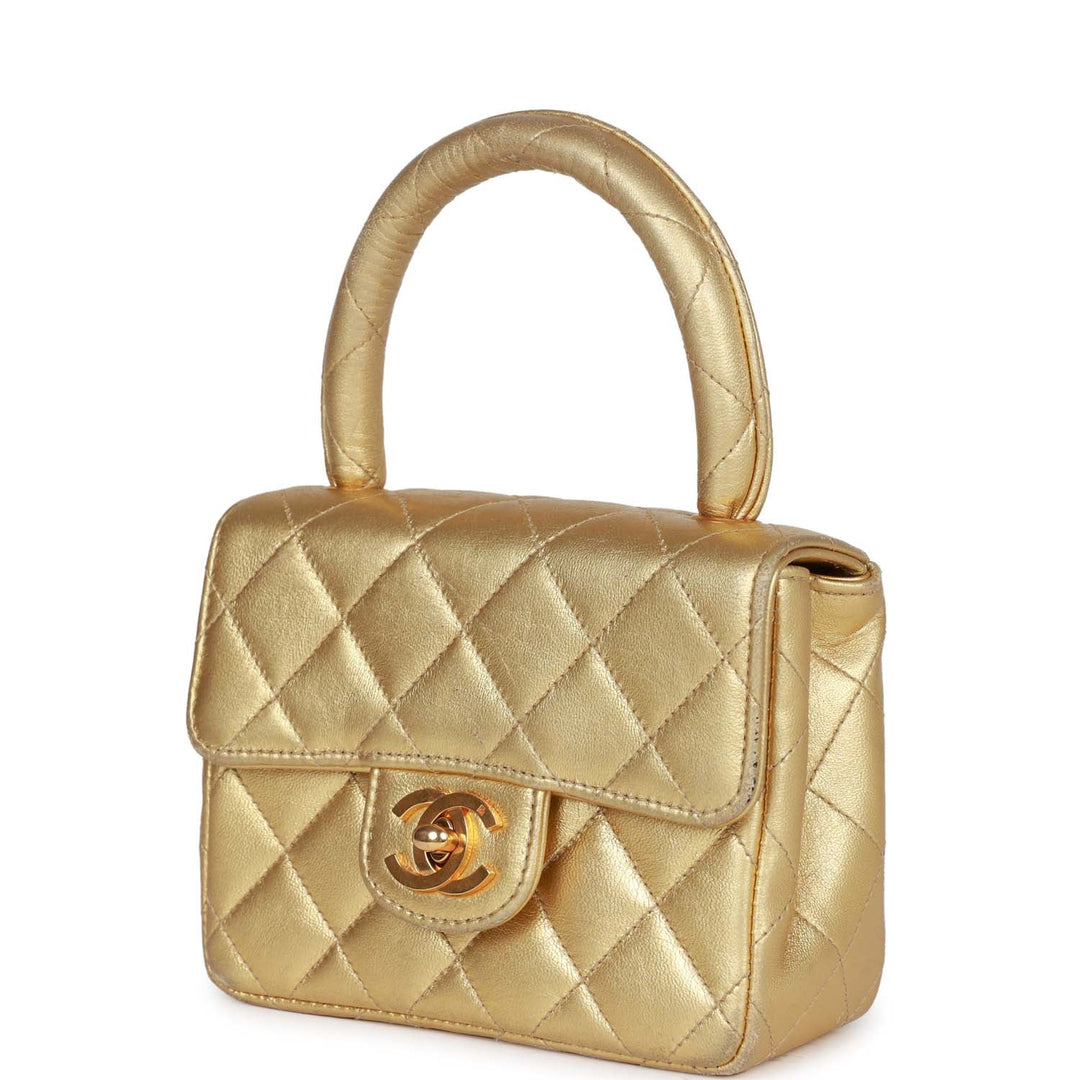 Vintage Top Quality Chanel Mini Kelly Child Flap Bag Gold Metallic Lambskin Gold Hardware