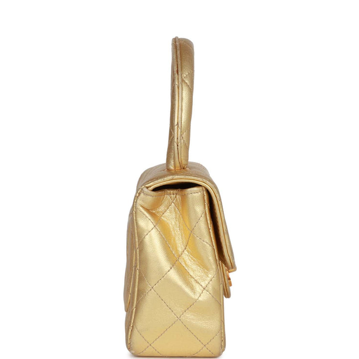 Vintage Top Quality Chanel Mini Kelly Child Flap Bag Gold Metallic Lambskin Gold Hardware