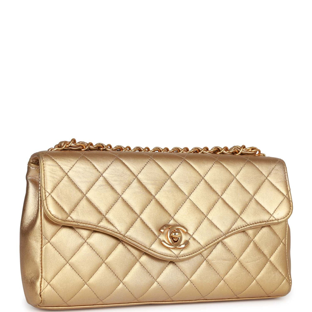 Vintage Top Quality Chanel Clutch Flap Bag with Handle Gold Metallic Lambskin Gold Hardware