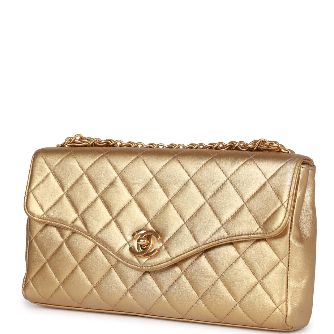 Vintage Top Quality Chanel Clutch Flap Bag with Handle Gold Metallic Lambskin Gold Hardware