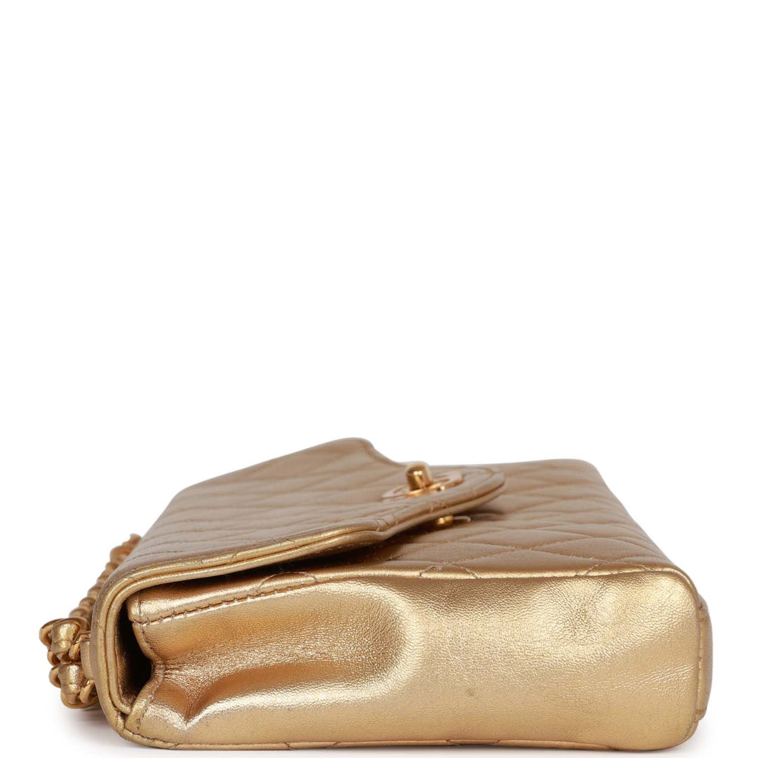 Vintage Top Quality Chanel Clutch Flap Bag with Handle Gold Metallic Lambskin Gold Hardware