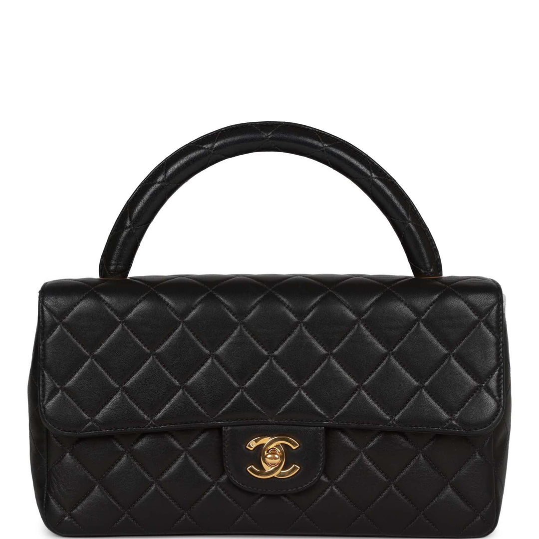 Vintage Top Quality Chanel Kelly Parent Flap Bag Black Lambskin Gold Hardware