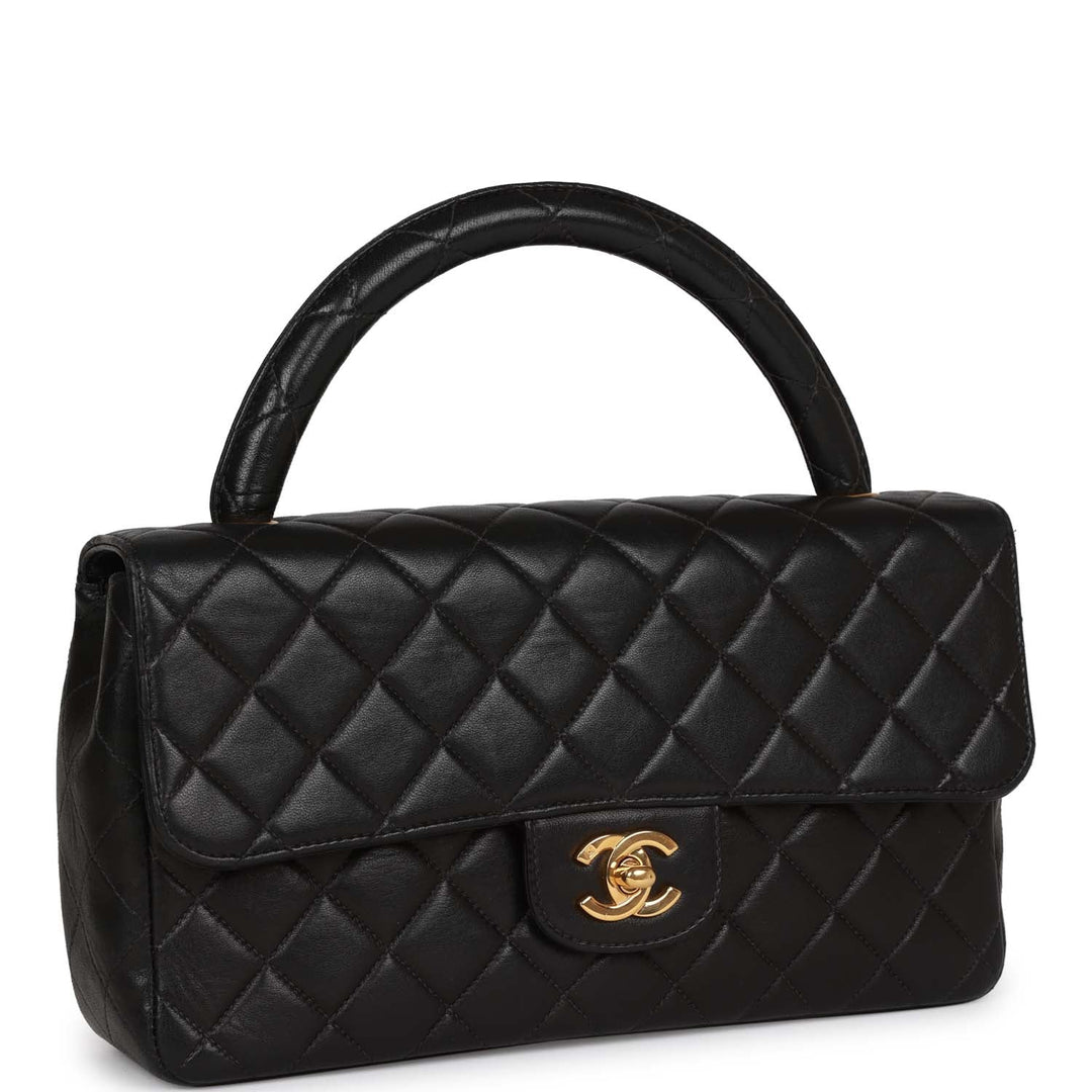 Vintage Top Quality Chanel Kelly Parent Flap Bag Black Lambskin Gold Hardware