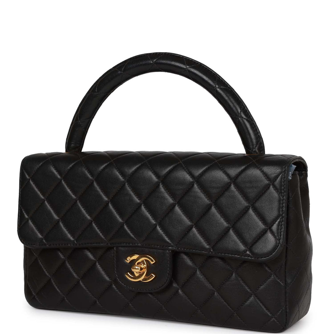 Vintage Top Quality Chanel Kelly Parent Flap Bag Black Lambskin Gold Hardware