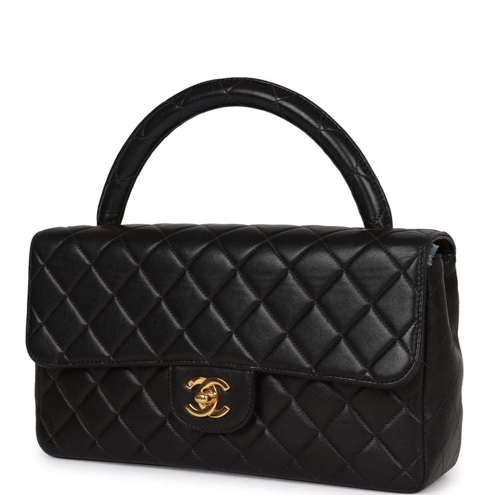 Vintage Top Quality Chanel Kelly Parent Flap Bag Black Lambskin Gold Hardware
